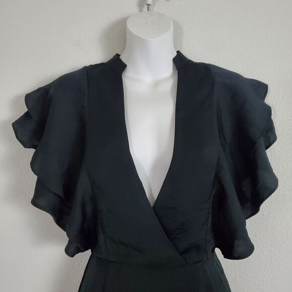 Avec Les Filles Dress Womens XS Black Ruffles Faux Wrap Mini Satin - Picture 2 of 12